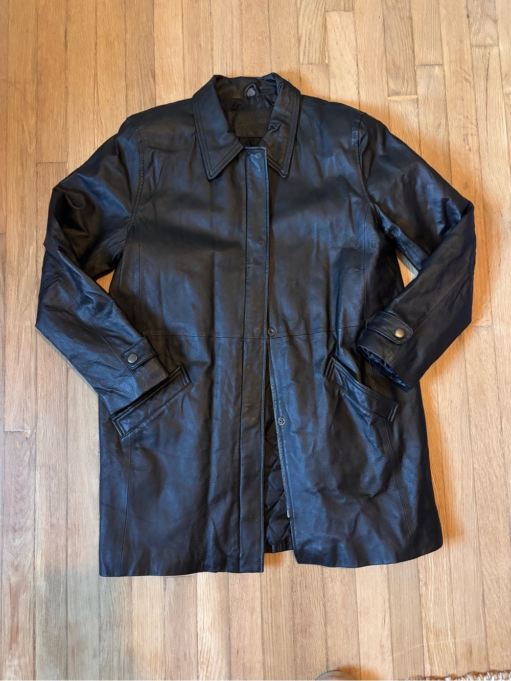 Jacqueline Ferrar Black Leather Jacket Women’s Large 34” Long Minimalist Coat